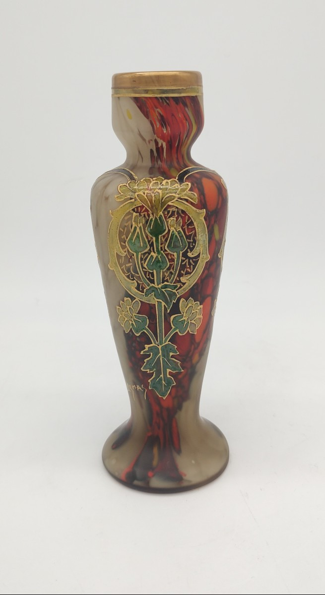 Legras - Vase « Arpajon » à fond marbré à décor de soucis et de motifs arabisants