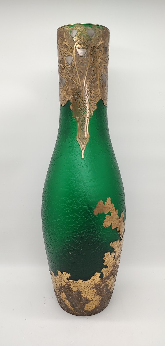 Legras - Important vase "vert impérial" à décor doré de feuillages et de glands-photo-2