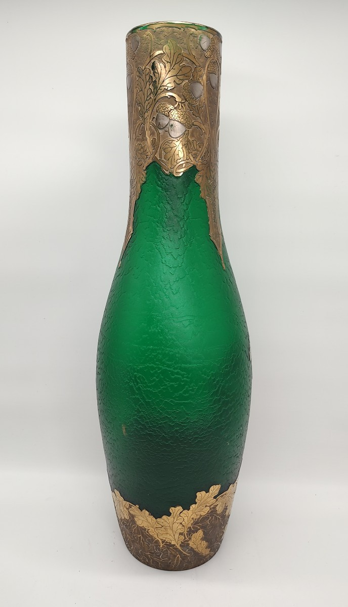 Legras - Important vase "vert impérial" à décor doré de feuillages et de glands-photo-3