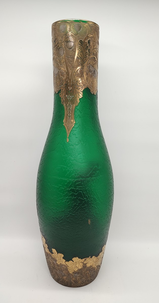 Legras - Important vase "vert impérial" à décor doré de feuillages et de glands-photo-4