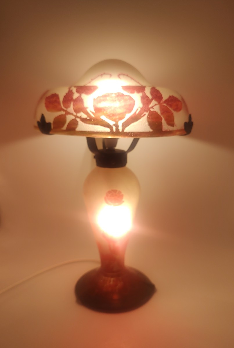 Charles Schneider (le Verre Français) - Mushroom Lamp With Stylized Decoration Of Wild Roses-photo-6