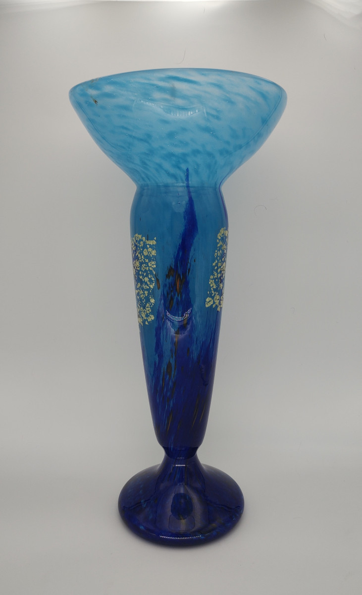 Daum Nancy - Vers 1925 - Haut vase à décor de verre de jade bleu -photo-3