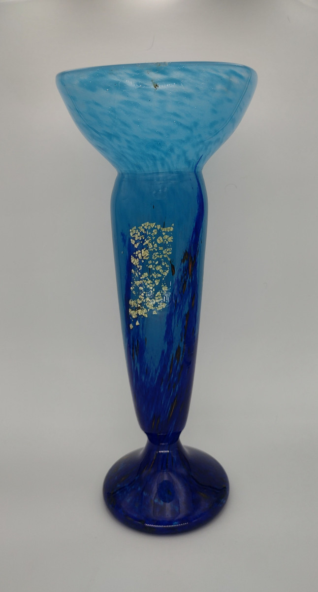 Daum Nancy - Vers 1925 - Haut vase à décor de verre de jade bleu -photo-4