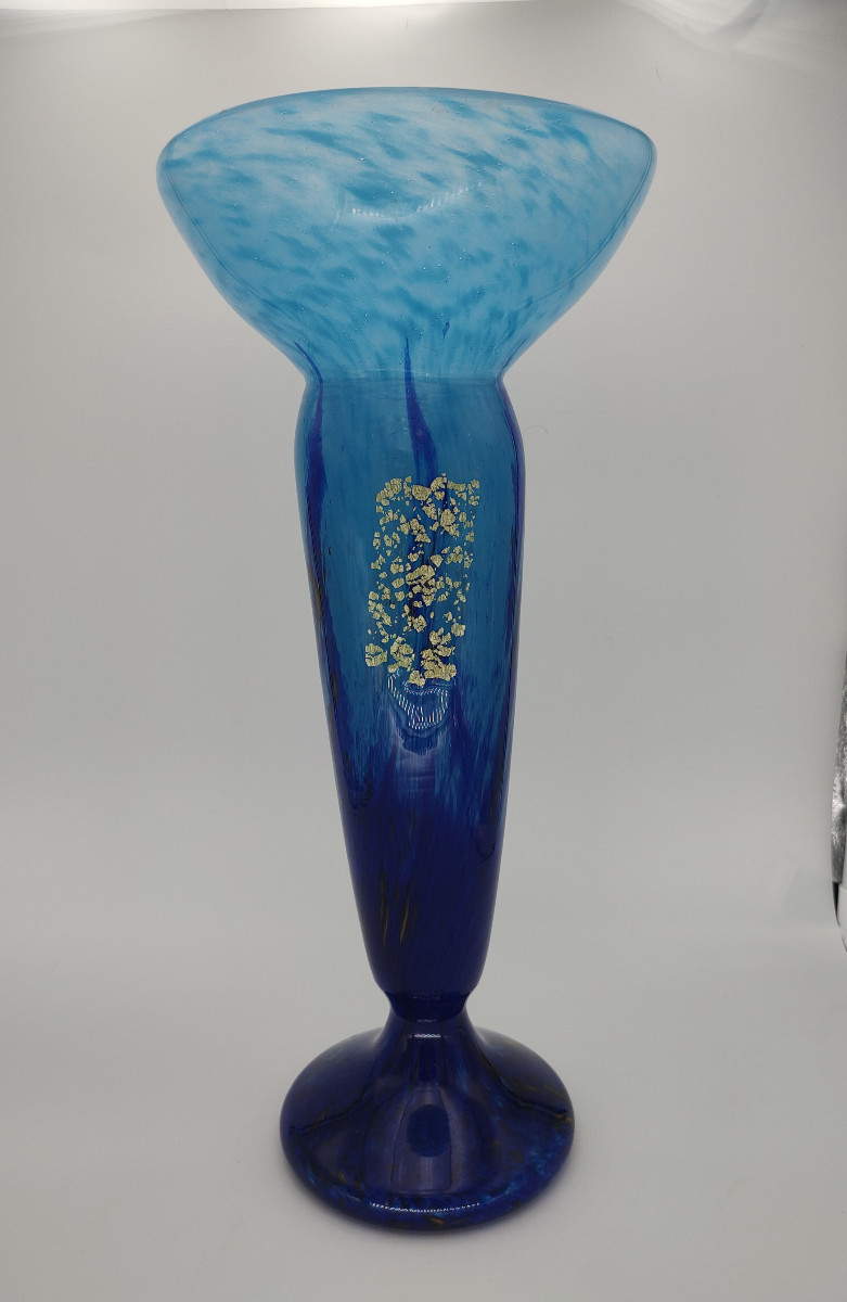 Daum Nancy - Vers 1925 - Haut vase à décor de verre de jade bleu -photo-2