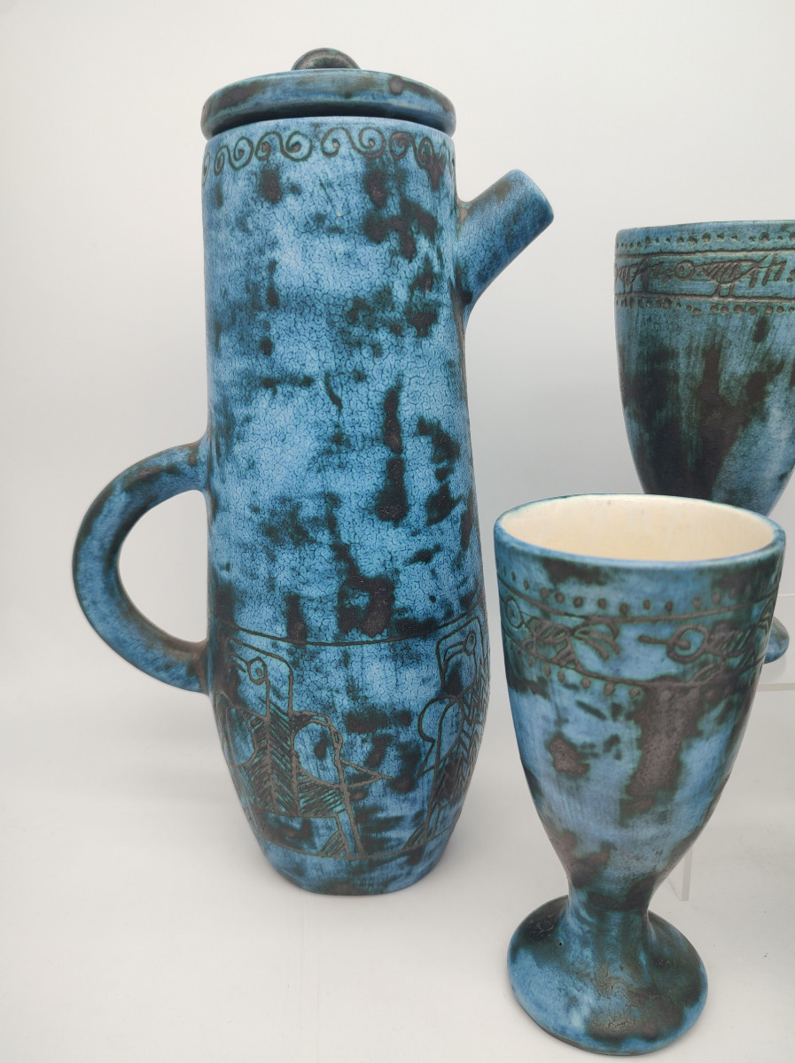 Jacques Blin (1920-1996) - Verseuse Couverte Avec Six Mazagrans à Décor Gravé d'Oiseaux.-photo-2