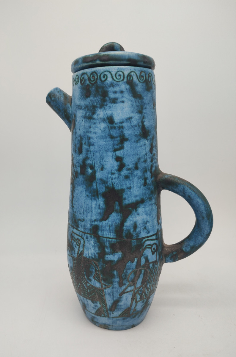 Jacques Blin (1920-1996) - Verseuse Couverte Avec Six Mazagrans à Décor Gravé d'Oiseaux.-photo-4