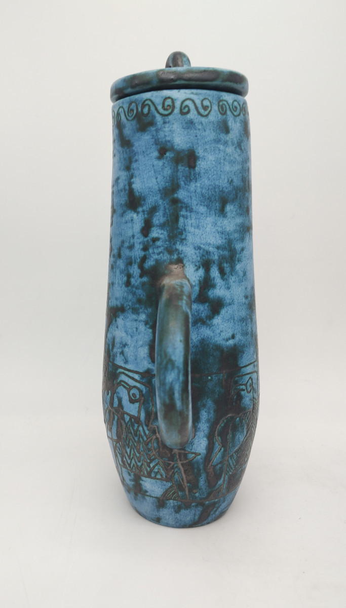 Jacques Blin (1920-1996) - Verseuse Couverte Avec Six Mazagrans à Décor Gravé d'Oiseaux.-photo-1