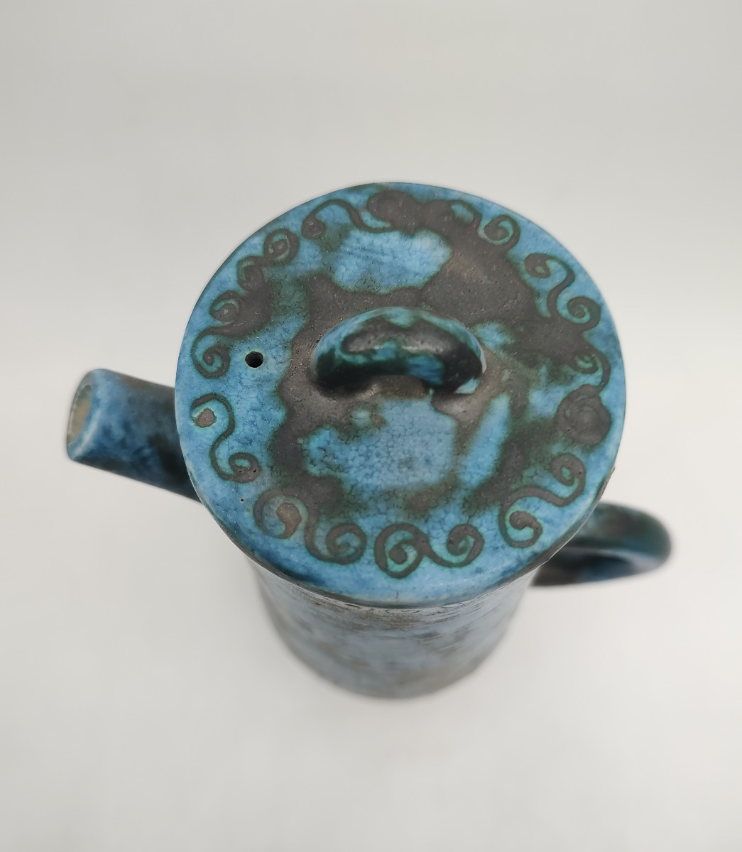 Jacques Blin (1920-1996) - Verseuse Couverte Avec Six Mazagrans à Décor Gravé d'Oiseaux.-photo-3