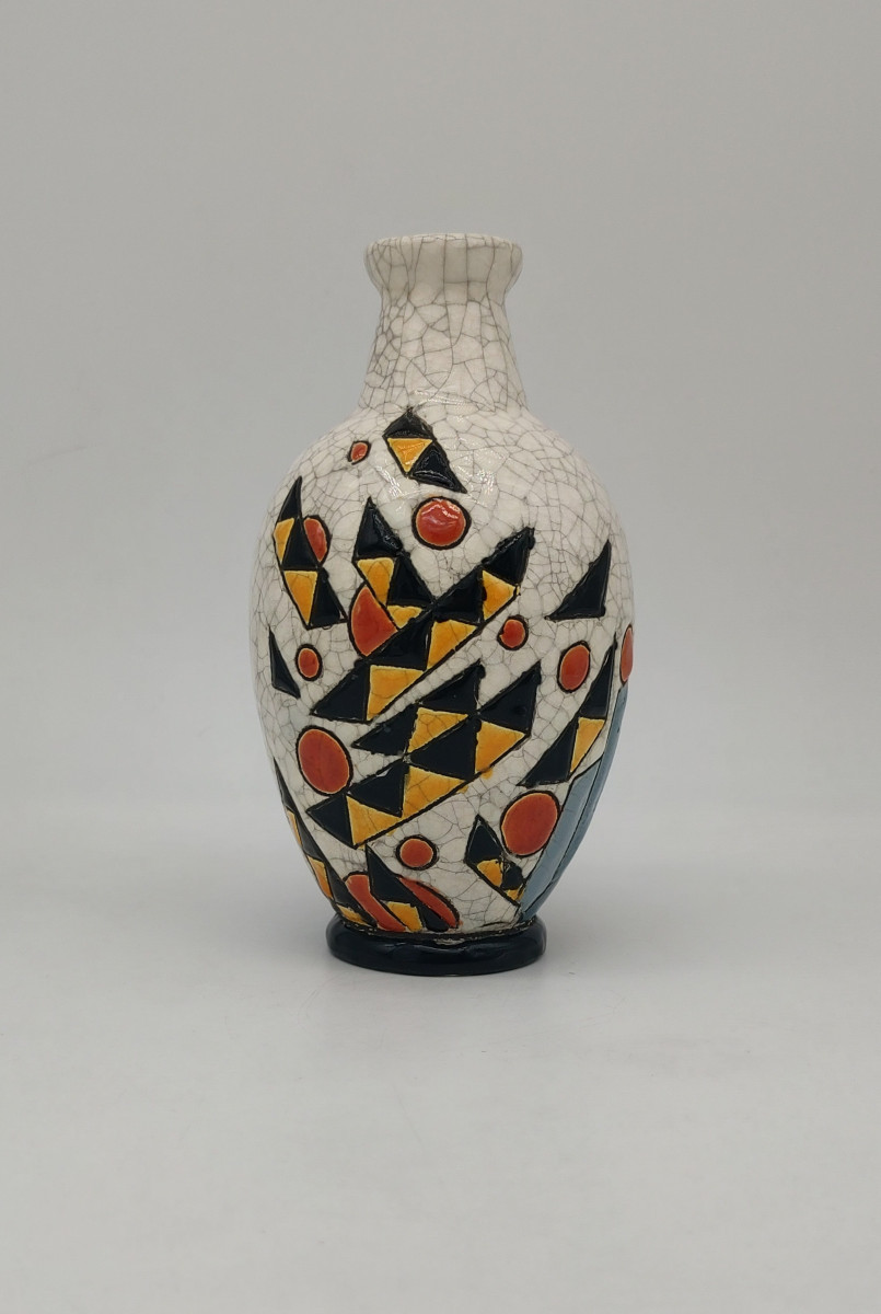 Charles Catteau (1880- 1966) For Keramis - Vase With Yellow, Black And Orange Geometric Decoration.-photo-2