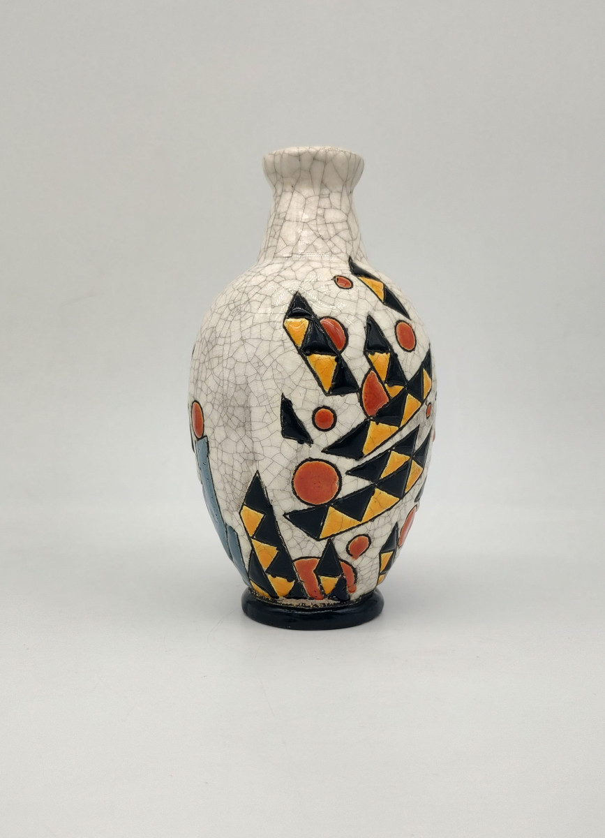 Charles Catteau (1880- 1966) For Keramis - Vase With Yellow, Black And Orange Geometric Decoration.-photo-3
