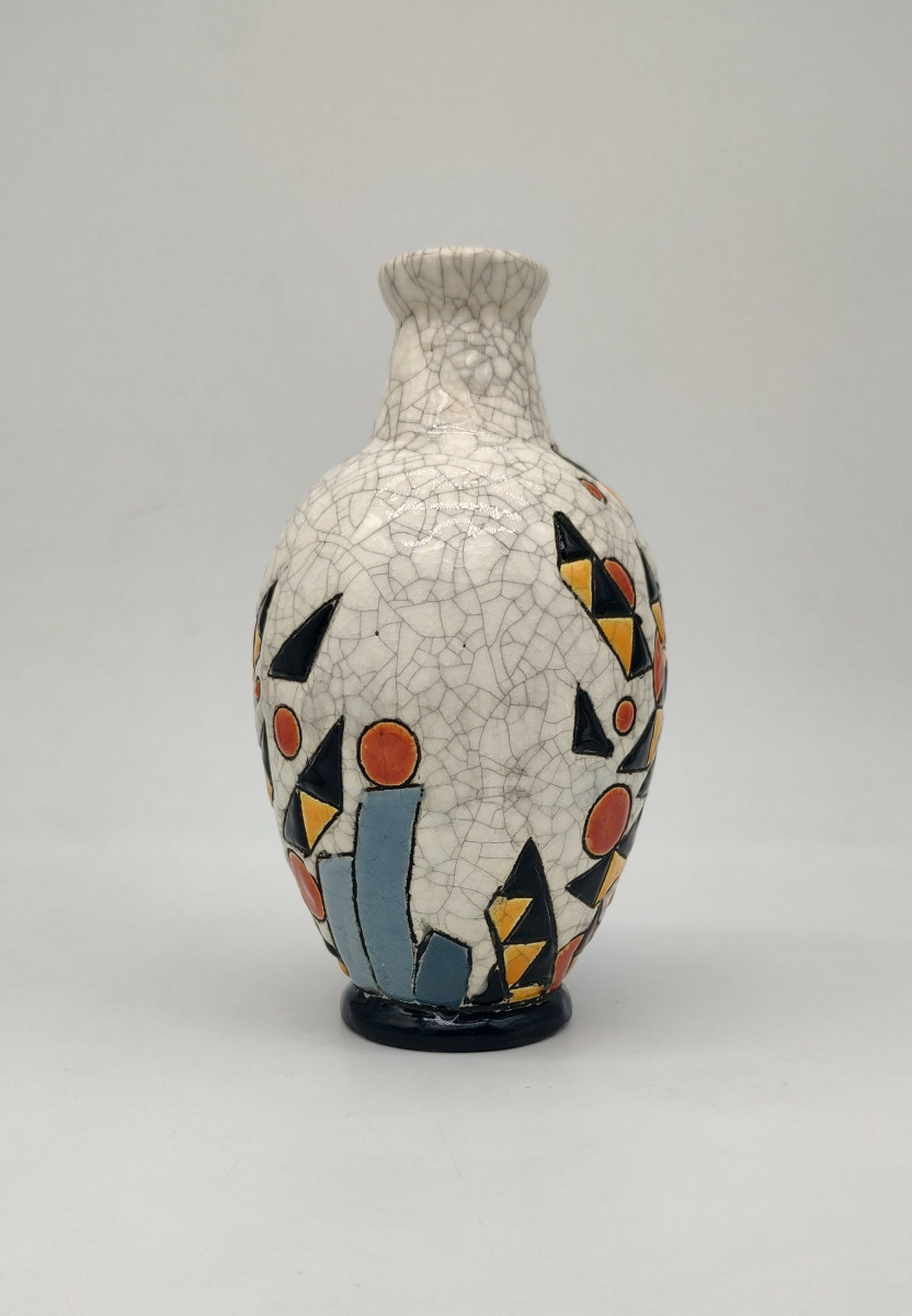 Charles Catteau (1880- 1966) For Keramis - Vase With Yellow, Black And Orange Geometric Decoration.-photo-1