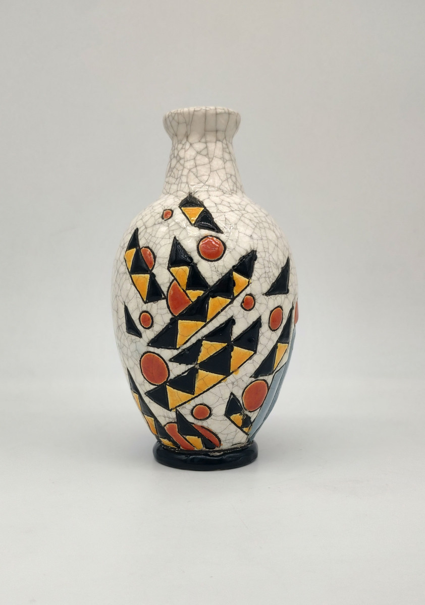 Charles Catteau (1880- 1966) For Keramis - Vase With Yellow, Black And Orange Geometric Decoration.-photo-2