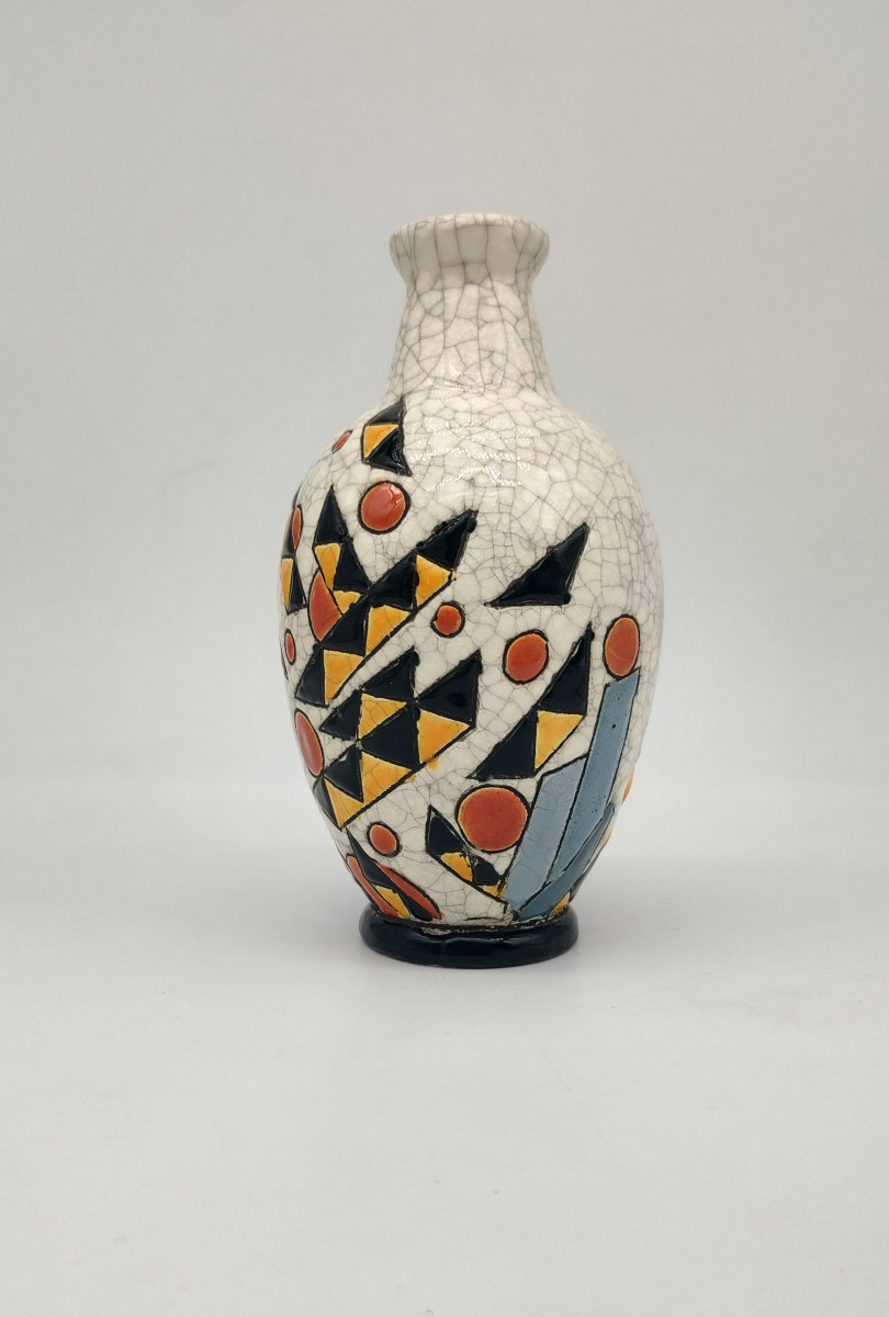 Charles Catteau (1880- 1966) For Keramis - Vase With Yellow, Black And Orange Geometric Decoration.-photo-3