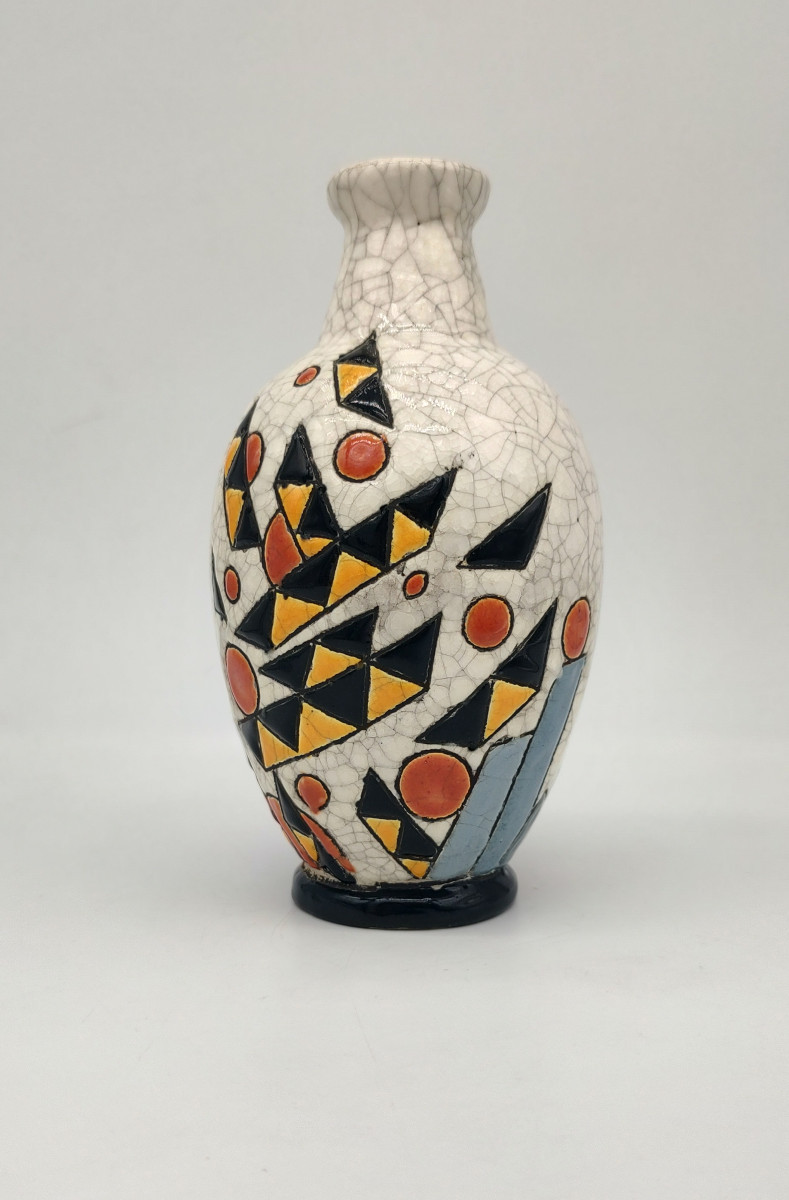 Charles Catteau (1880- 1966) For Keramis - Vase With Yellow, Black And Orange Geometric Decoration.