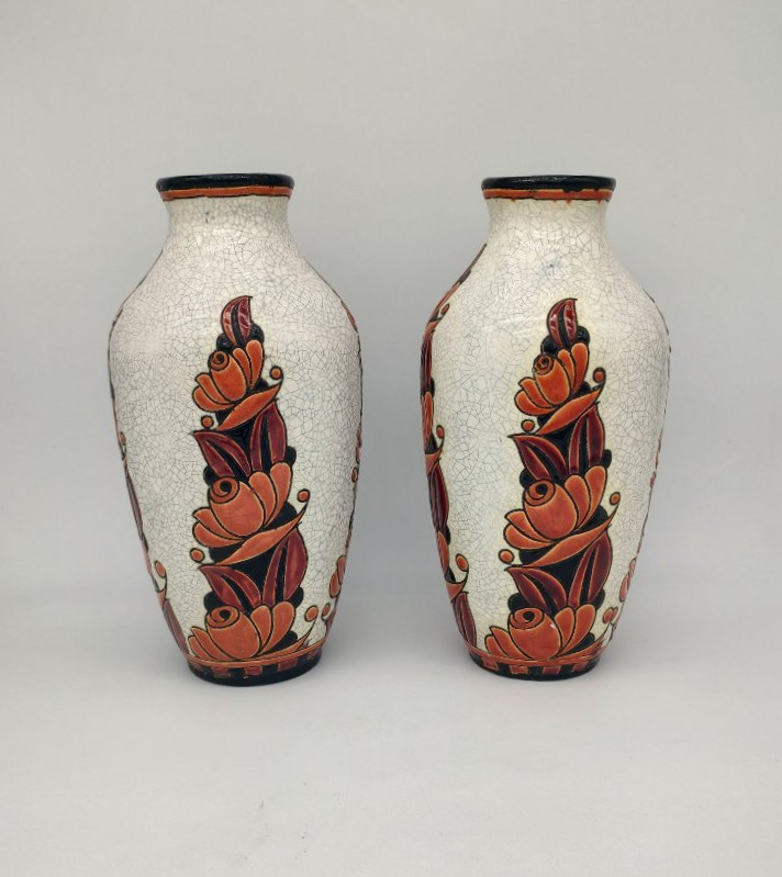 Boch La Louviere - Charles Catteau (1880-1966) - Pair Of Vases Decorated With Stylized Flowers-photo-2