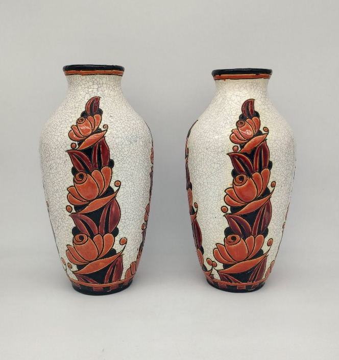 Boch La Louviere - Charles Catteau (1880-1966) - Pair Of Vases Decorated With Stylized Flowers-photo-3