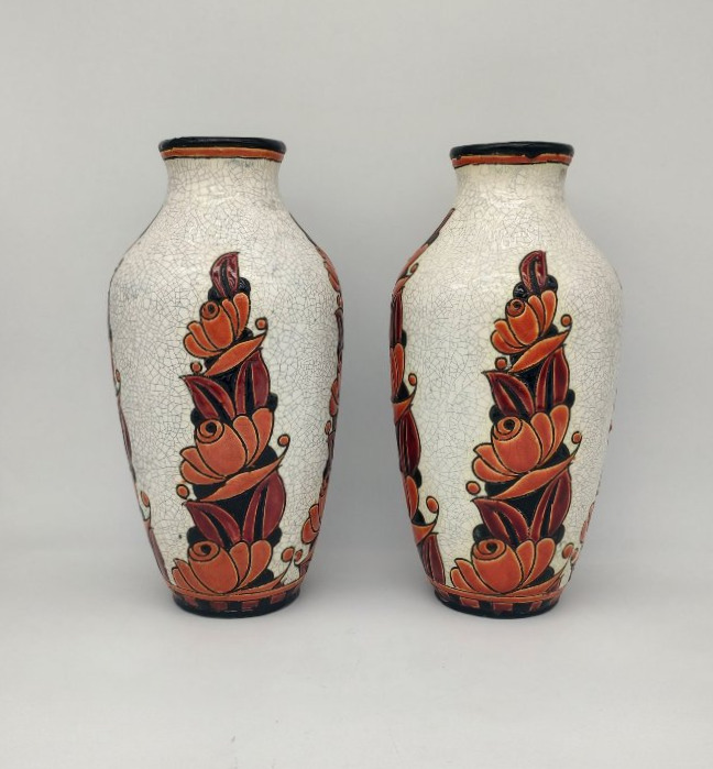 Boch La Louviere - Charles Catteau (1880-1966) - Pair Of Vases Decorated With Stylized Flowers-photo-4