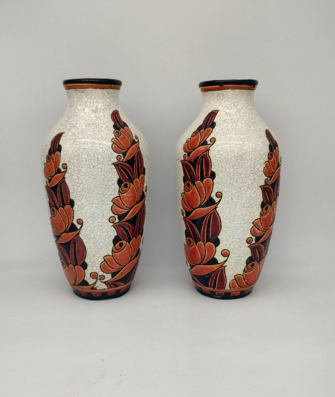 Boch La Louviere - Charles Catteau (1880-1966) - Pair Of Vases Decorated With Stylized Flowers-photo-1
