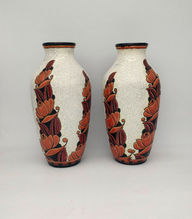 Boch La Louviere - Charles Catteau (1880-1966) - Pair Of Vases Decorated With Stylized Flowers-photo-2