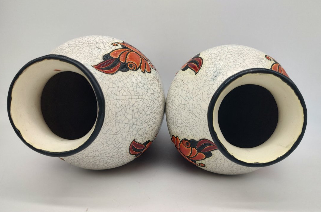 Boch La Louviere - Charles Catteau (1880-1966) - Pair Of Vases Decorated With Stylized Flowers-photo-6