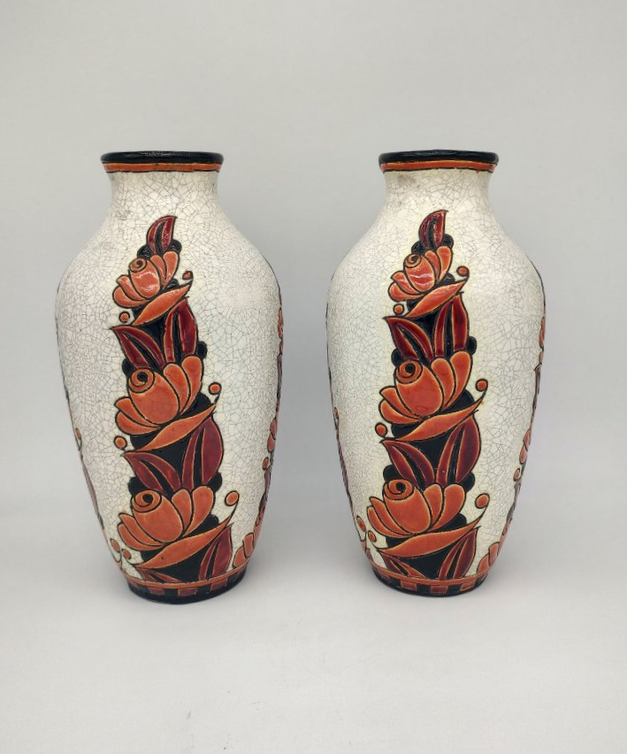 Boch La Louviere - Charles Catteau (1880-1966) - Pair Of Vases Decorated With Stylized Flowers