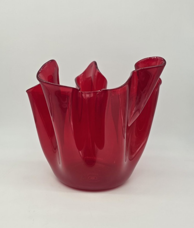 Venini Murano - Années 50 - Vase Fazzoletto rouge transparent de forme mouchoir.-photo-5