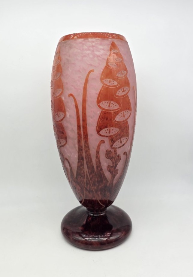 Schneider (1881–1953) - Charder - French Glass - Tall Vase Decorated With Foxgloves.-photo-2