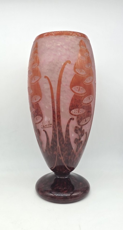 Schneider (1881–1953) - Charder - French Glass - Tall Vase Decorated With Foxgloves.-photo-4