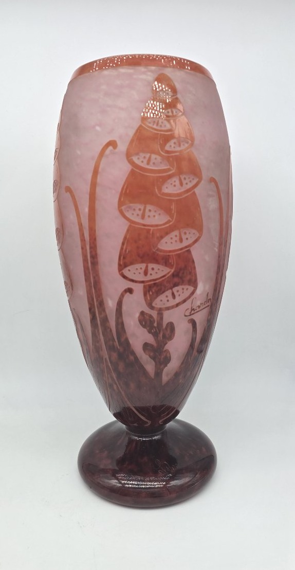 Schneider (1881–1953) - Charder - French Glass - Tall Vase Decorated With Foxgloves.-photo-1