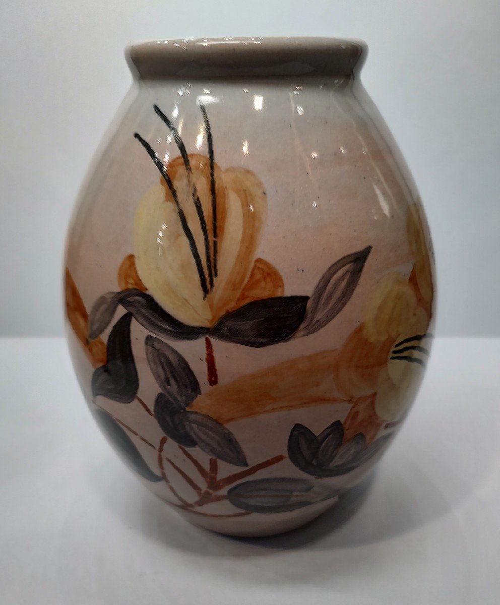 Simone Larrieu (1912-1996) - Vase En Céramique émaillée à Décors De Fleurs.