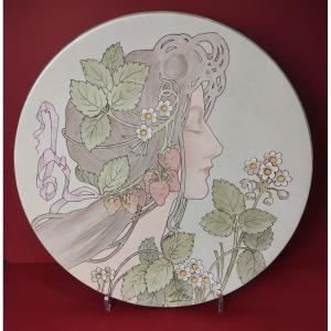Henri Gros - Circa 1900 - Large Mucha Style Dish Decorated With A Woman Symbolizing Spring