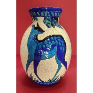 Charles Catteau (1880-1966) - Boch Kéramis Vase, Art Deco, In Enamels, Decorated With Doe And Deer