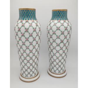 François Théodore Legras - Pair Of Signed Vases With Pompadour Grid Decoration