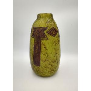 Ets Legras - Vase « duquesne »   à fond vert marbré à décor art déco