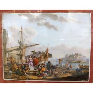 France - Début XIXe -Plaque en porcelaine représentant le port de Gênes d’après Nicolae BERGHEM