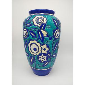 Keramis -  Grand Vase à décor floral stylisé