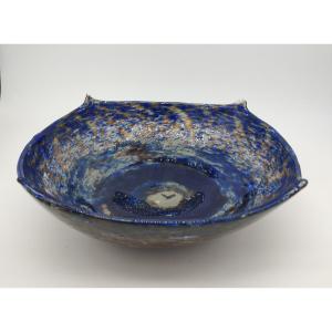 Muller Frères - Blue Bowl With Elongated Rim And An Intercalated Decoration Of Silver Leaves