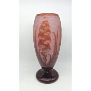 Schneider (1881–1953) - Charder - French Glass - Tall Vase Decorated With Foxgloves.