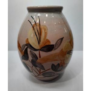 Simone Larrieu (1912-1996) - Glazed Ceramic Vase Decorated With Flowers.