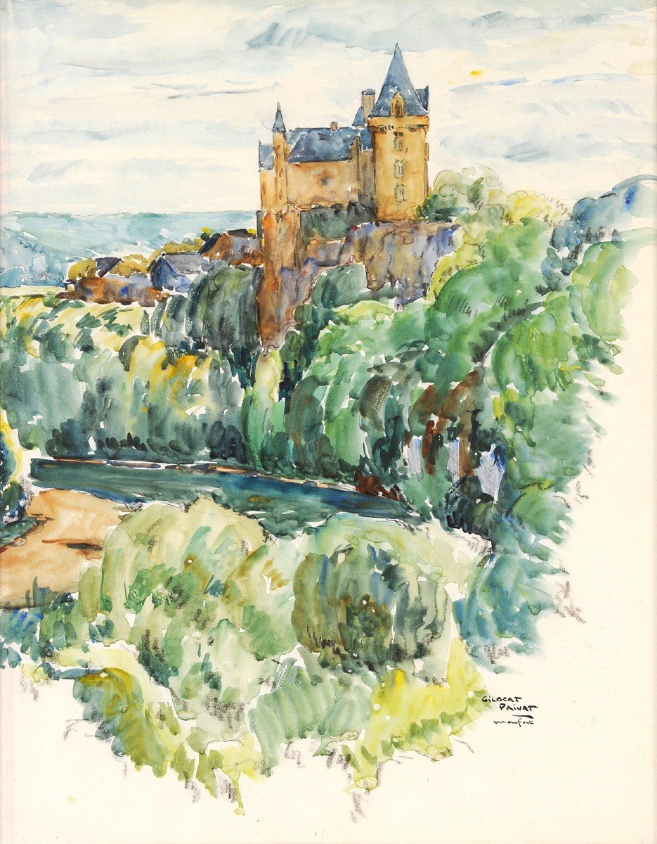 Gilbert-privat (1892-1969) The Château De Monfort And The Dordogne