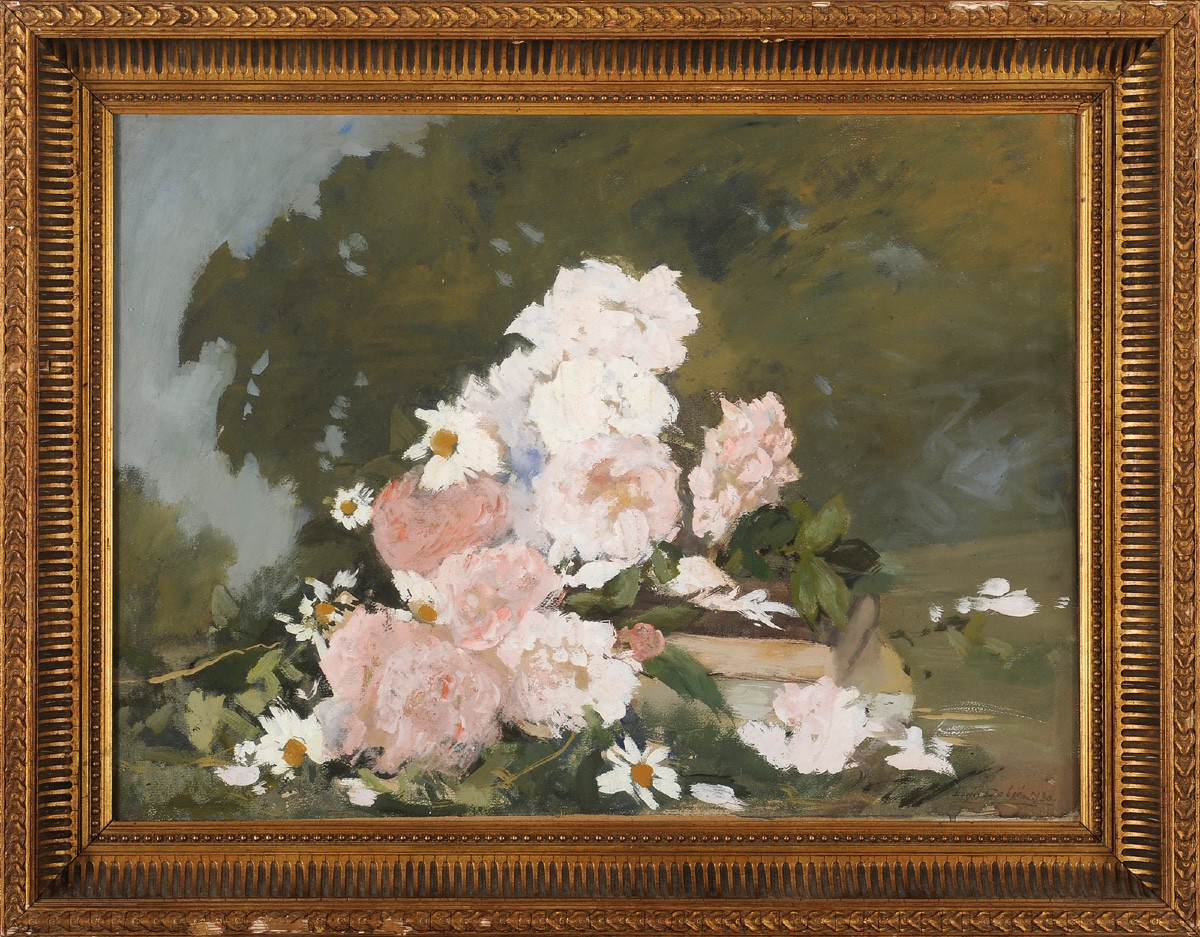 Louis-alexandre Cabié (1853-1939) Still Life With Flowers And Books In A Landscape
