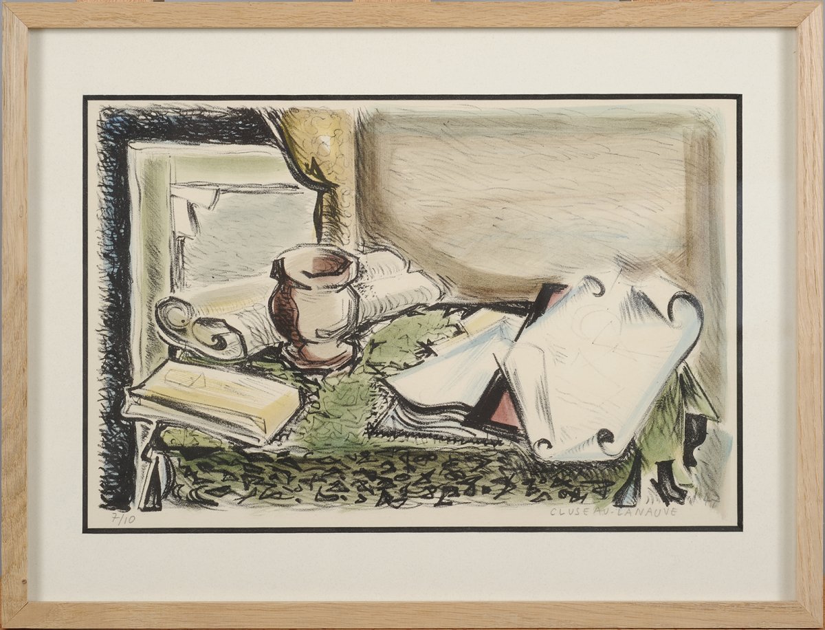 Jean Cluseau-Lanauve (1914-1997) Nature morte aux parchemins Lithographie Périgord-photo-2