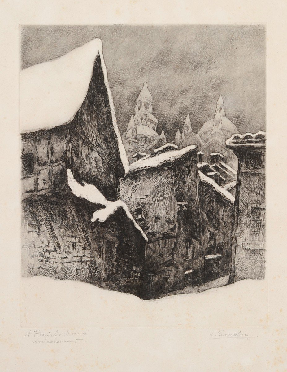 Julien Saraben (1892-1979) Saint Front Under The Snow Périgueux Dordogne Engraving-photo-2