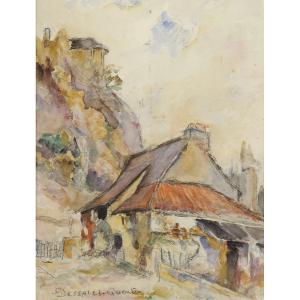 Robert Dessales-Quentin (1885-1958) Le Change et chapelle d'Auberoche Dordogne Périgord