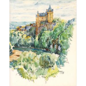 Gilbert-Privat (1892-1969) Le château de Monfort et la Dordogne