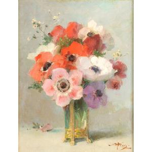 Alfred Georges Hoën (1868-1954)  Anémones dans un vase Nature morte