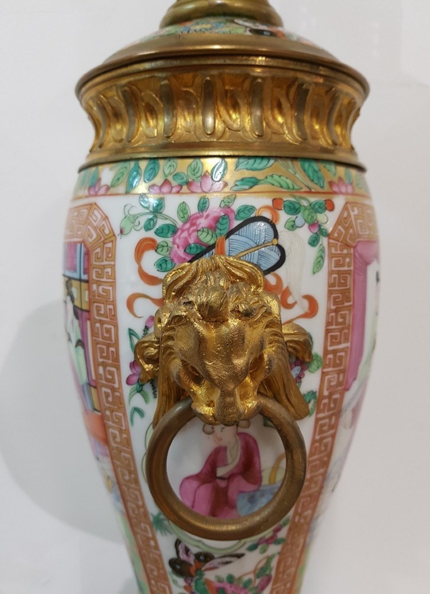 19th Century Oil Lamp In Canton Porcelain-photo-2