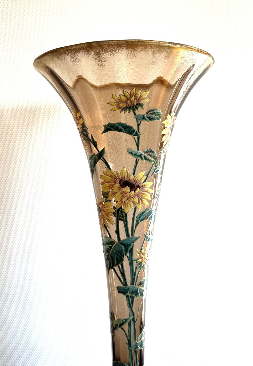 Large Art Nouveau Enameled Vase With Sunflowers -photo-2