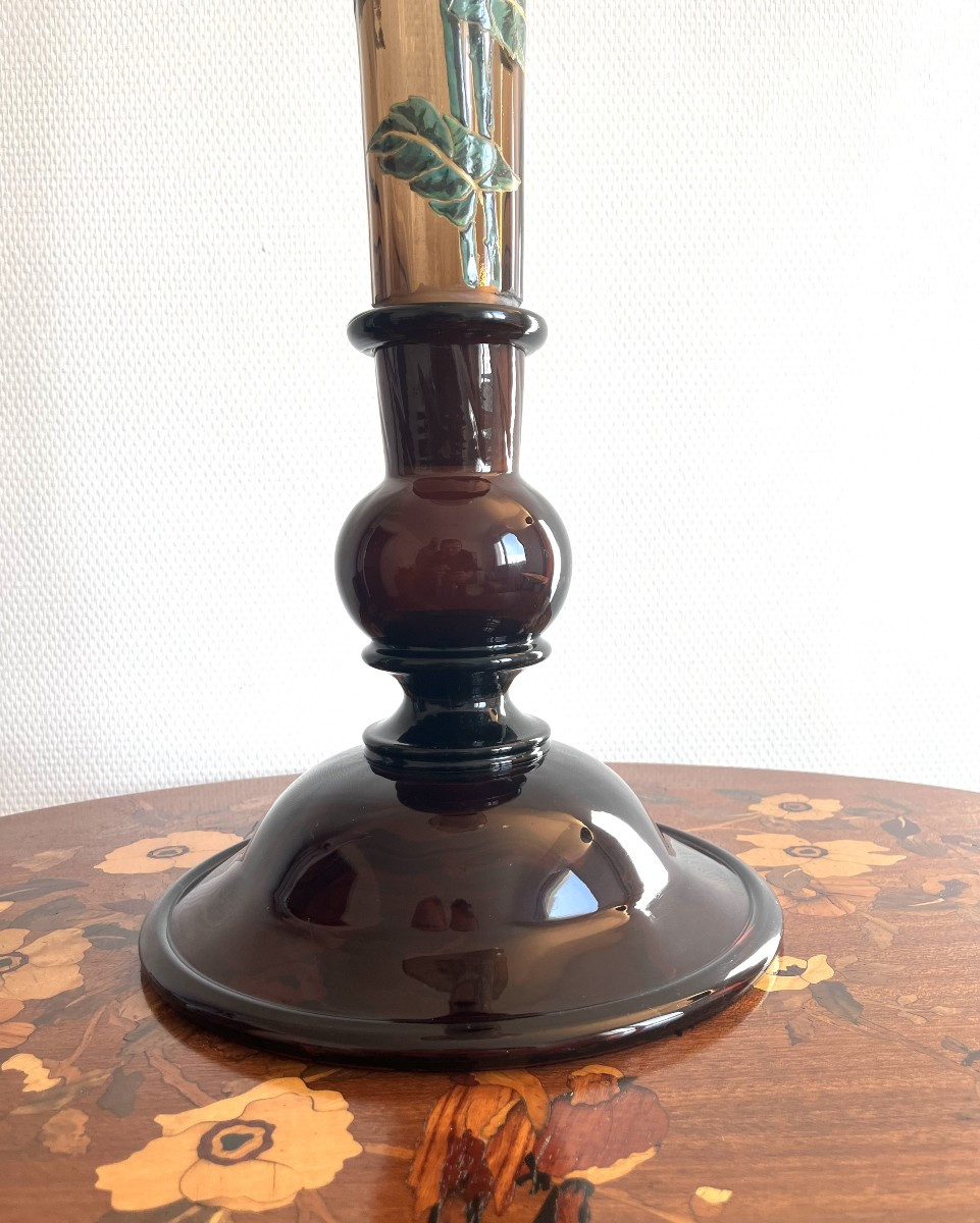 Large Art Nouveau Enameled Vase With Sunflowers -photo-3