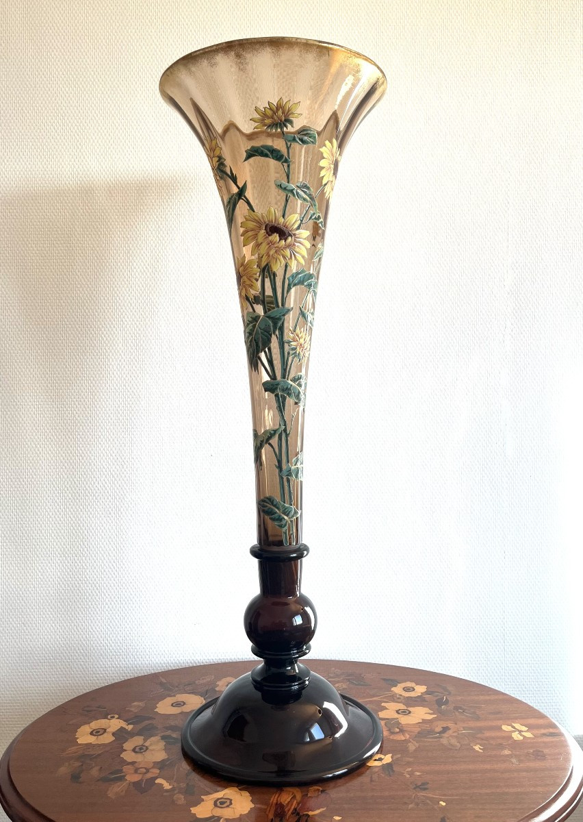 Large Art Nouveau Enameled Vase With Sunflowers 